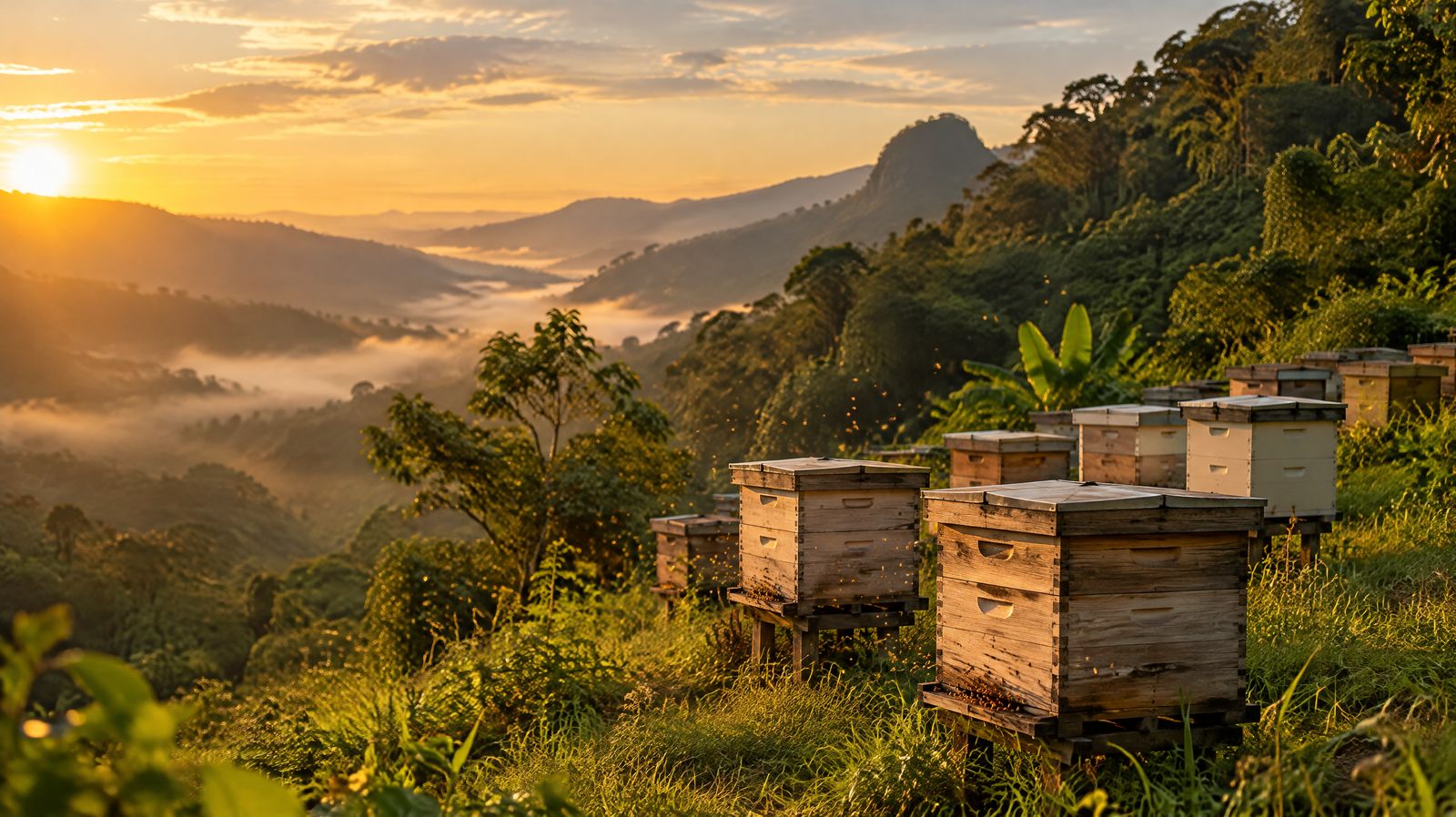 Caixas de abelha de madeira em uma encosta verde da Mata Atlântica ao pôr do sol, com neblina no vale
